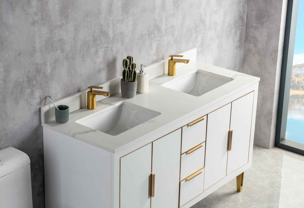 Rubeza 1500mm Dukes Vanity Unit with Calacatta Quartz Top - White & Gold