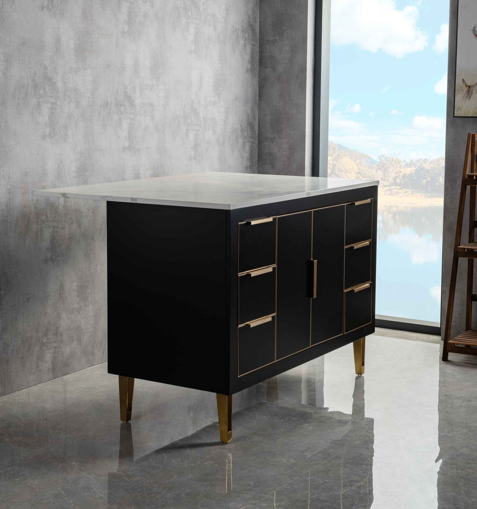 Rubeza Dukes 1200mm Kitchen Island with Calacatta Quartz Top - Black & Gold