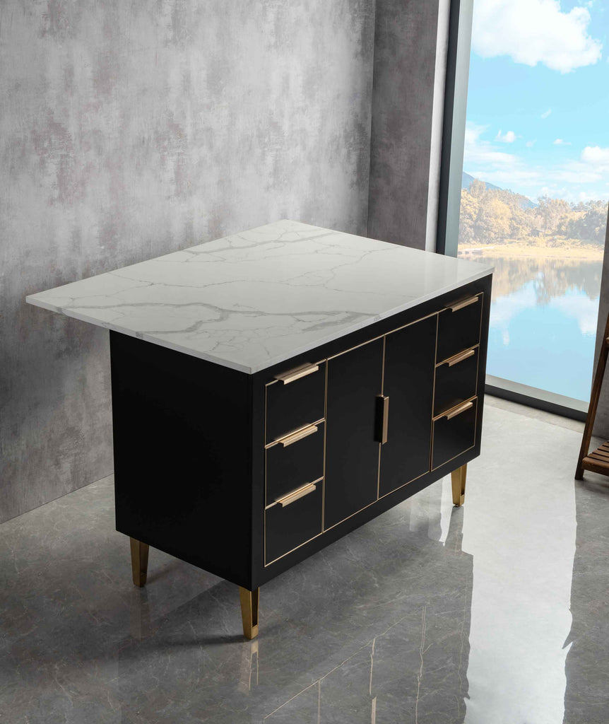 Rubeza Dukes 1200mm Kitchen Island with Calacatta Quartz Top - Black & Gold