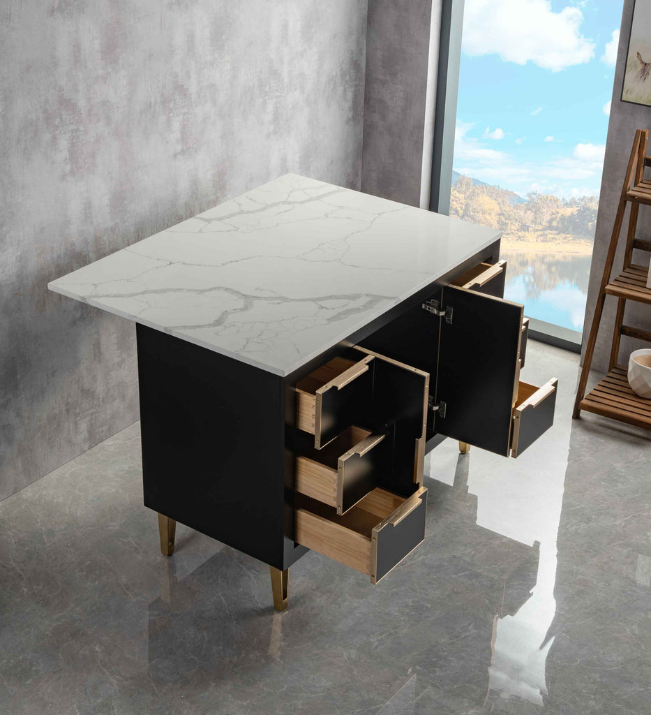 Rubeza Dukes 1200mm Kitchen Island with Calacatta Quartz Top - Black & Gold