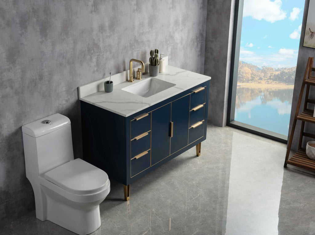 Rubeza 1200mm Dukes Vanity Unit with Calacatta Quartz Top - Dark Blue & Gold