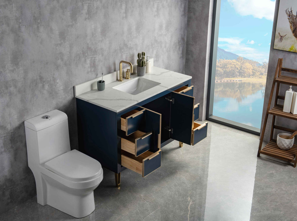 Rubeza 1200mm Dukes Vanity Unit with Calacatta Quartz Top - Dark Blue & Gold