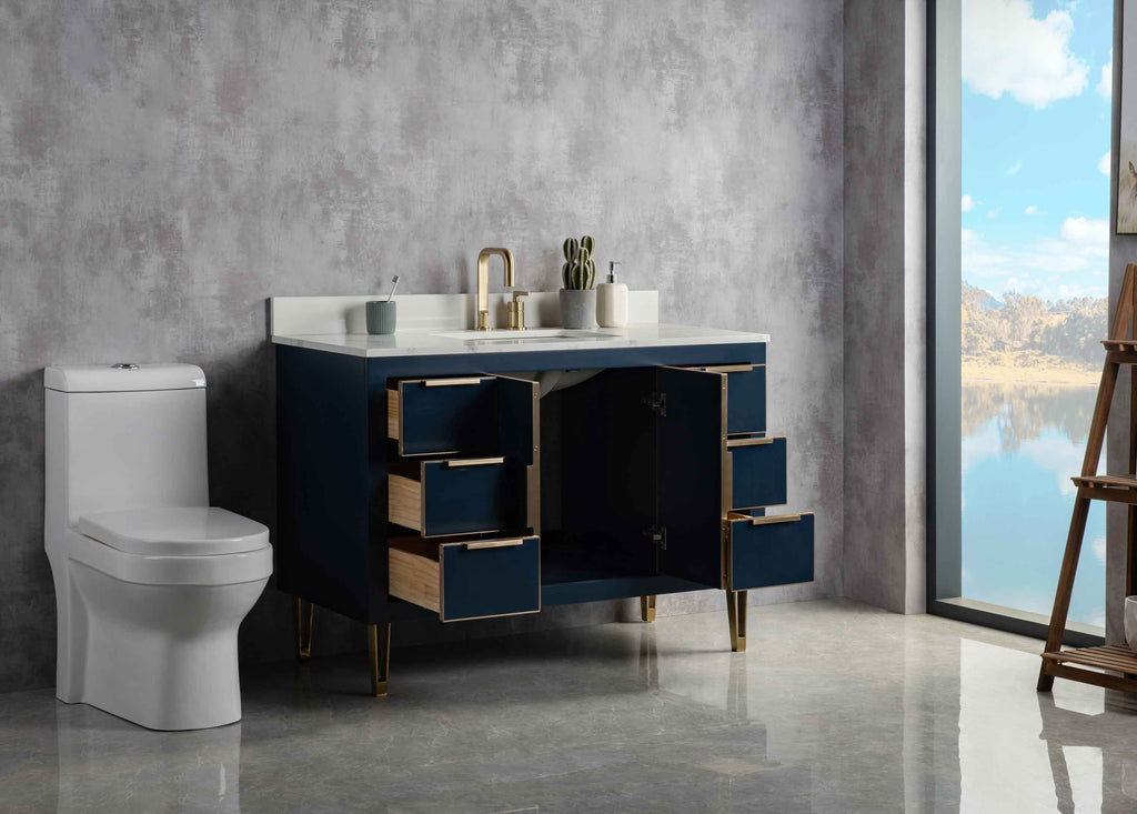 Rubeza 1200mm Dukes Vanity Unit with Calacatta Quartz Top - Dark Blue & Gold