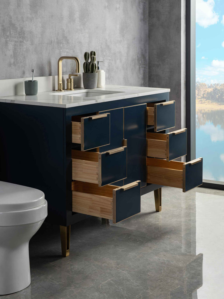 Rubeza 1200mm Dukes Vanity Unit with Calacatta Quartz Top - Dark Blue & Gold