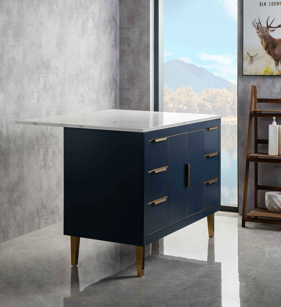 Rubeza Dukes 1200mm Kitchen Island with Calacatta Quartz Top - Dark Blue & Gold