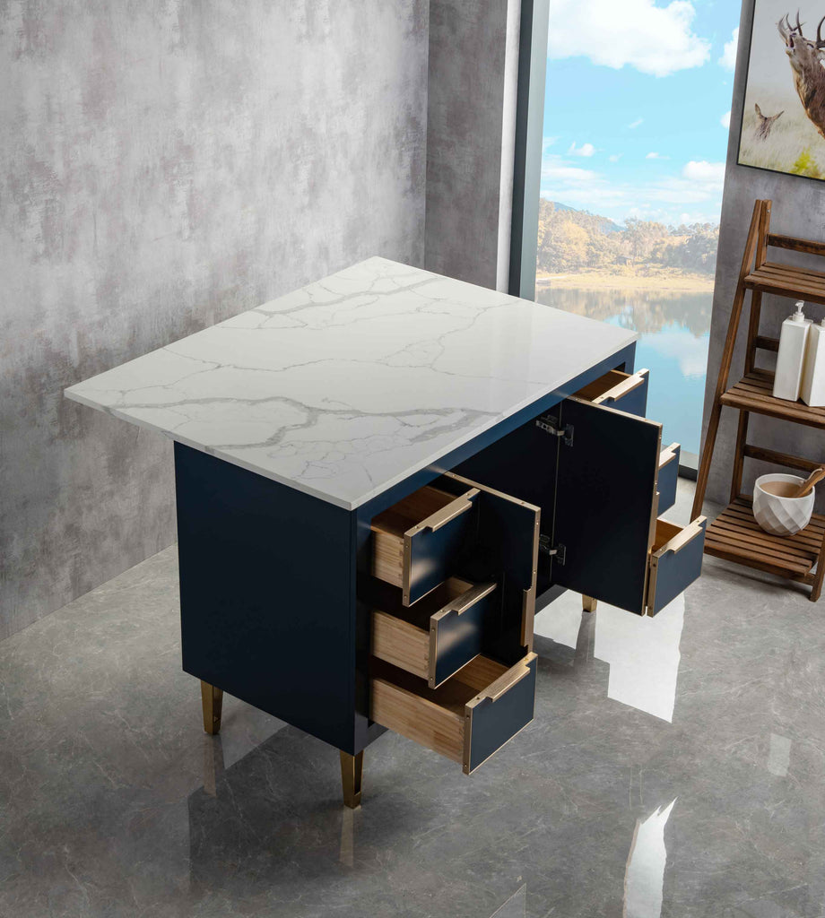 Rubeza Dukes 1200mm Kitchen Island with Calacatta Quartz Top - Dark Blue & Gold