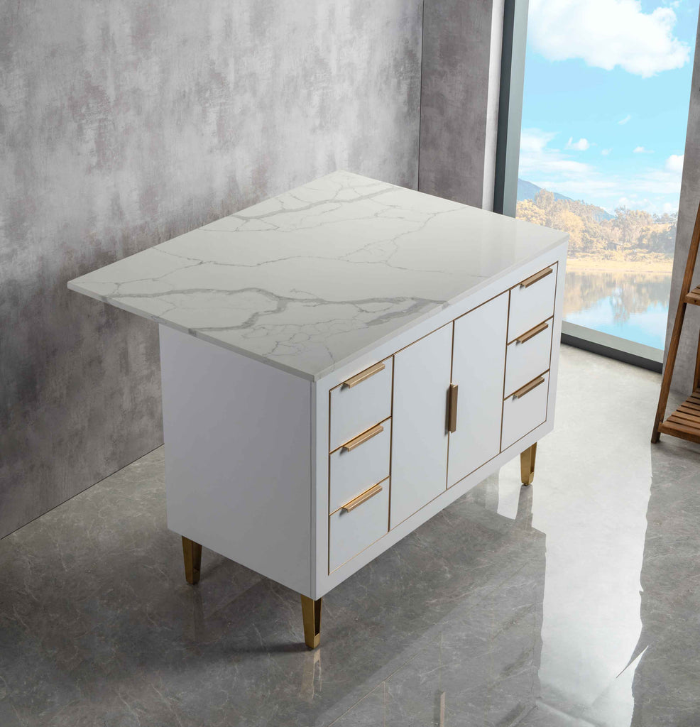 Rubeza Dukes 1200mm Kitchen Island with Calacatta Quartz Top - White & Gold