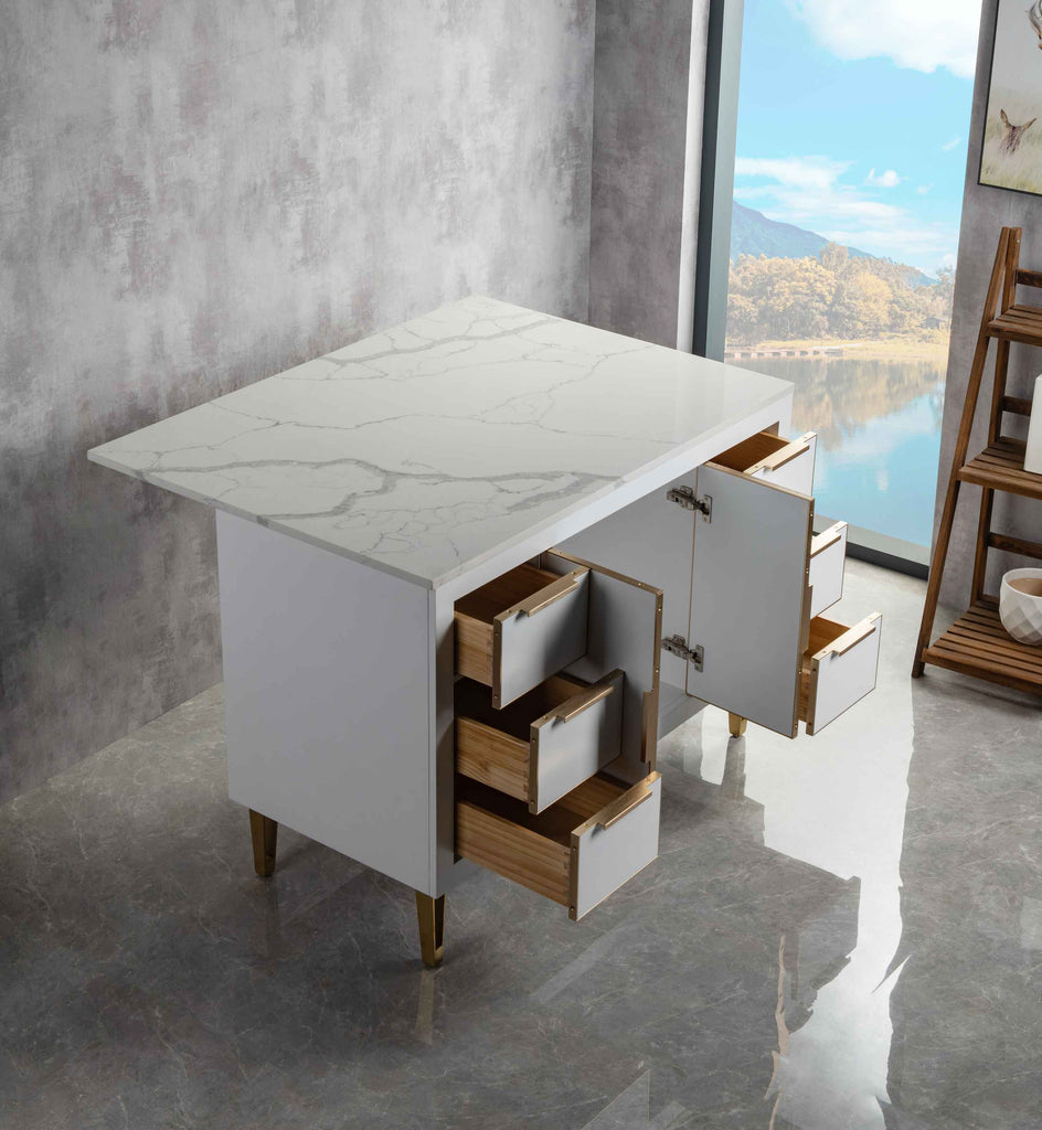 Rubeza Dukes 1200mm Kitchen Island with Calacatta Quartz Top - White & Gold