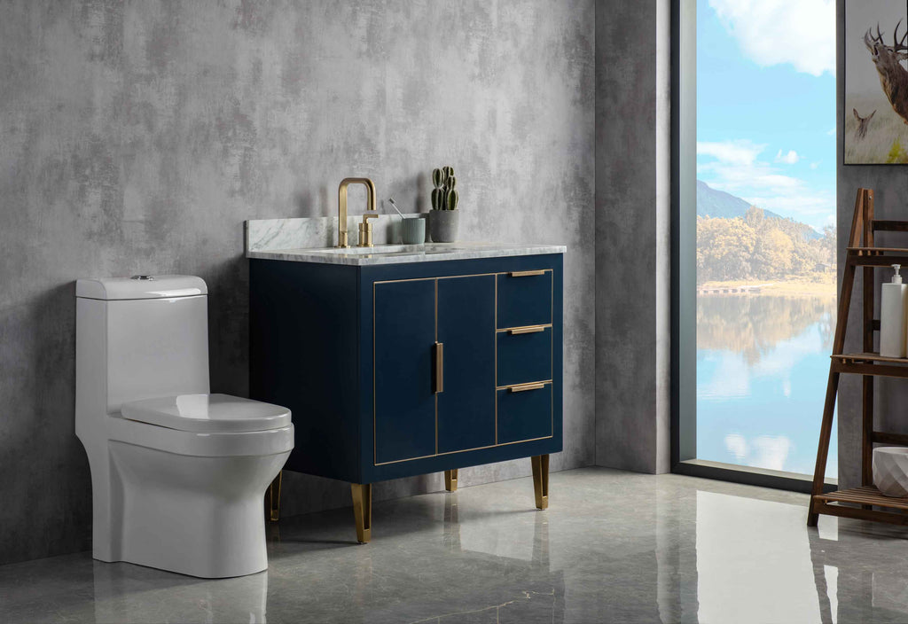 Rubeza 900mm Dukes Vanity Unit with Carrara Marble Top - Dark Blue & Gold