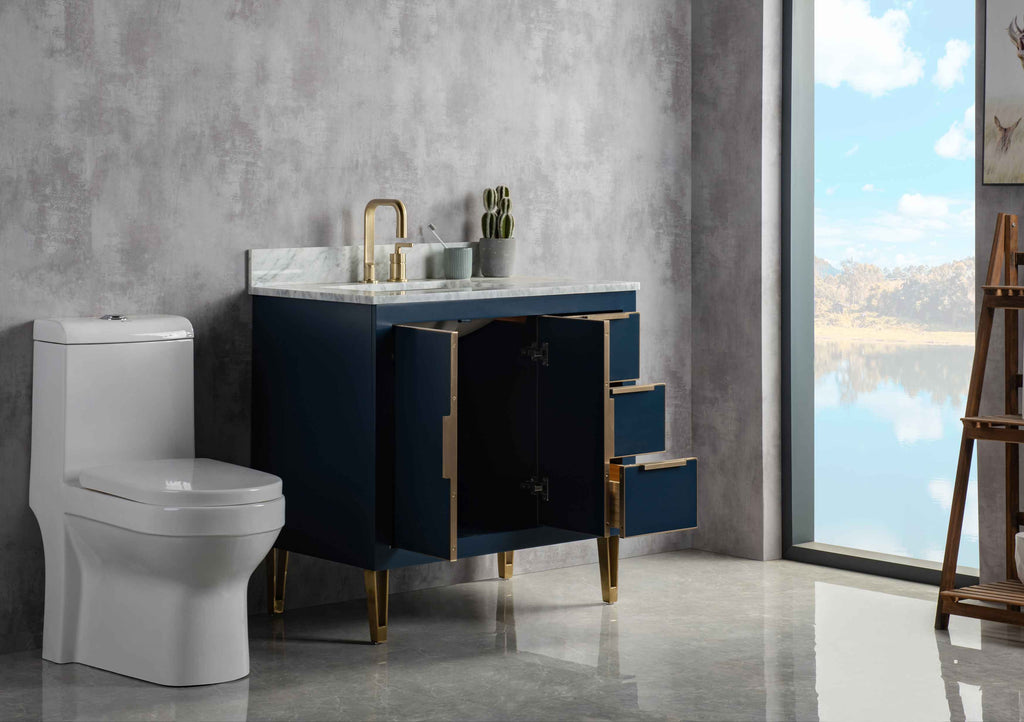 Rubeza 900mm Dukes Vanity Unit with Carrara Marble Top - Dark Blue & Gold