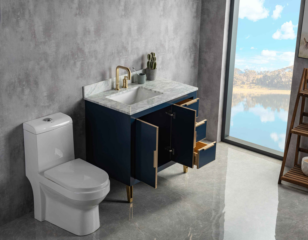 Rubeza 900mm Dukes Vanity Unit with Carrara Marble Top - Dark Blue & Gold