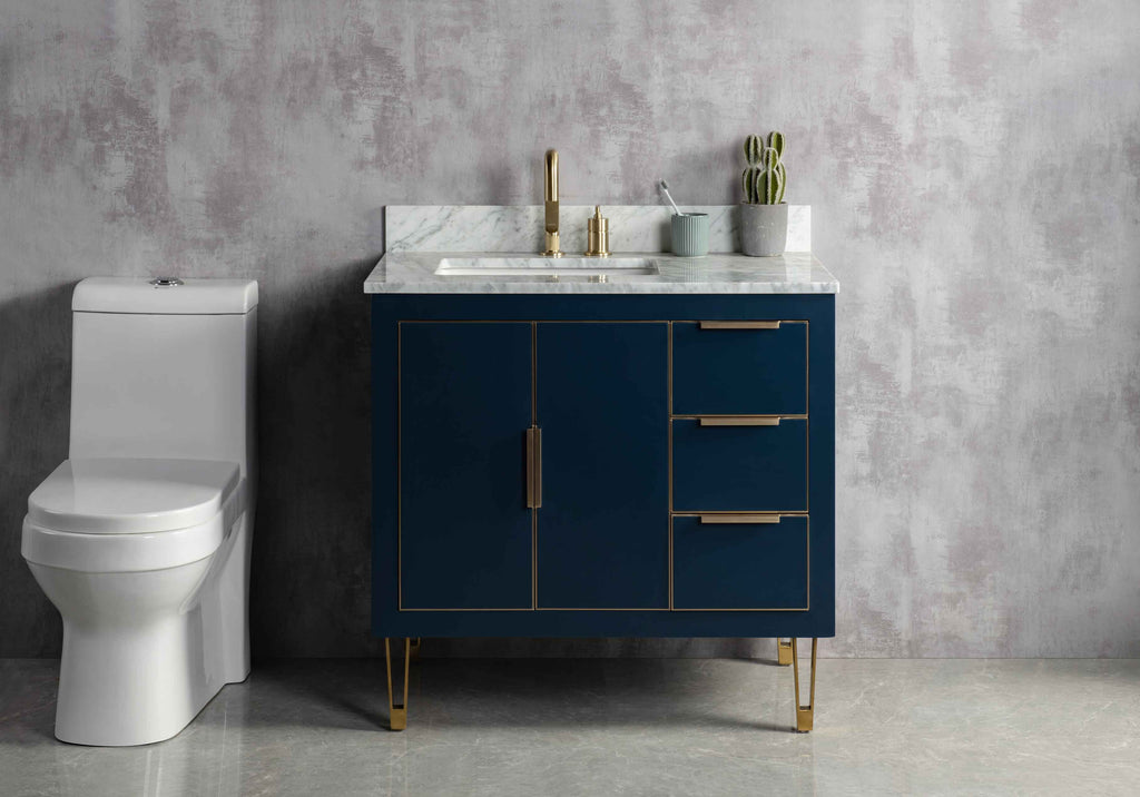 Rubeza 900mm Dukes Vanity Unit with Carrara Marble Top - Dark Blue & Gold