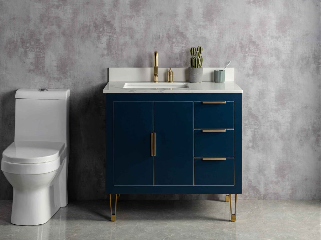 Rubeza 900mm Dukes Vanity Unit with Calacatta Quartz Top - Dark Blue & Gold