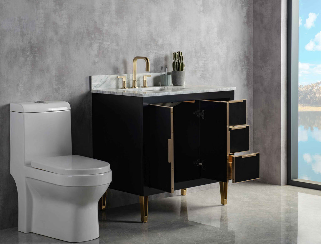 Rubeza 900mm Dukes Vanity Unit with Carrara Marble Top - Black & Gold