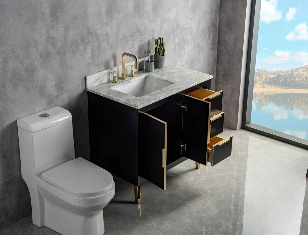 Rubeza 900mm Dukes Vanity Unit with Carrara Marble Top - Black & Gold