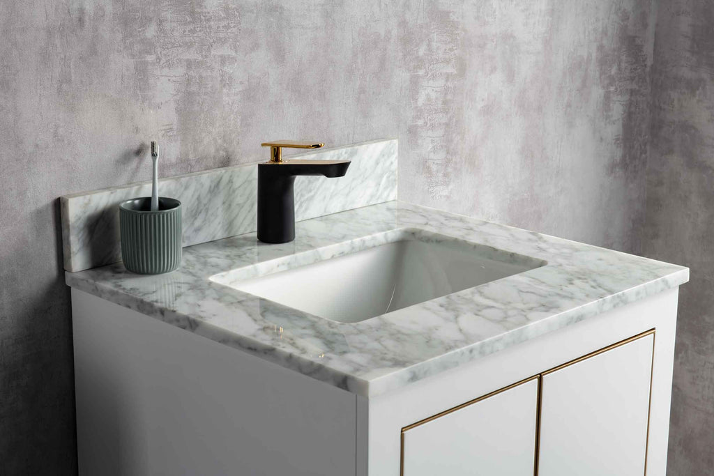 Rubeza 600mm Dukes Vanity Unit with Carrara Marble Top - White & Gold