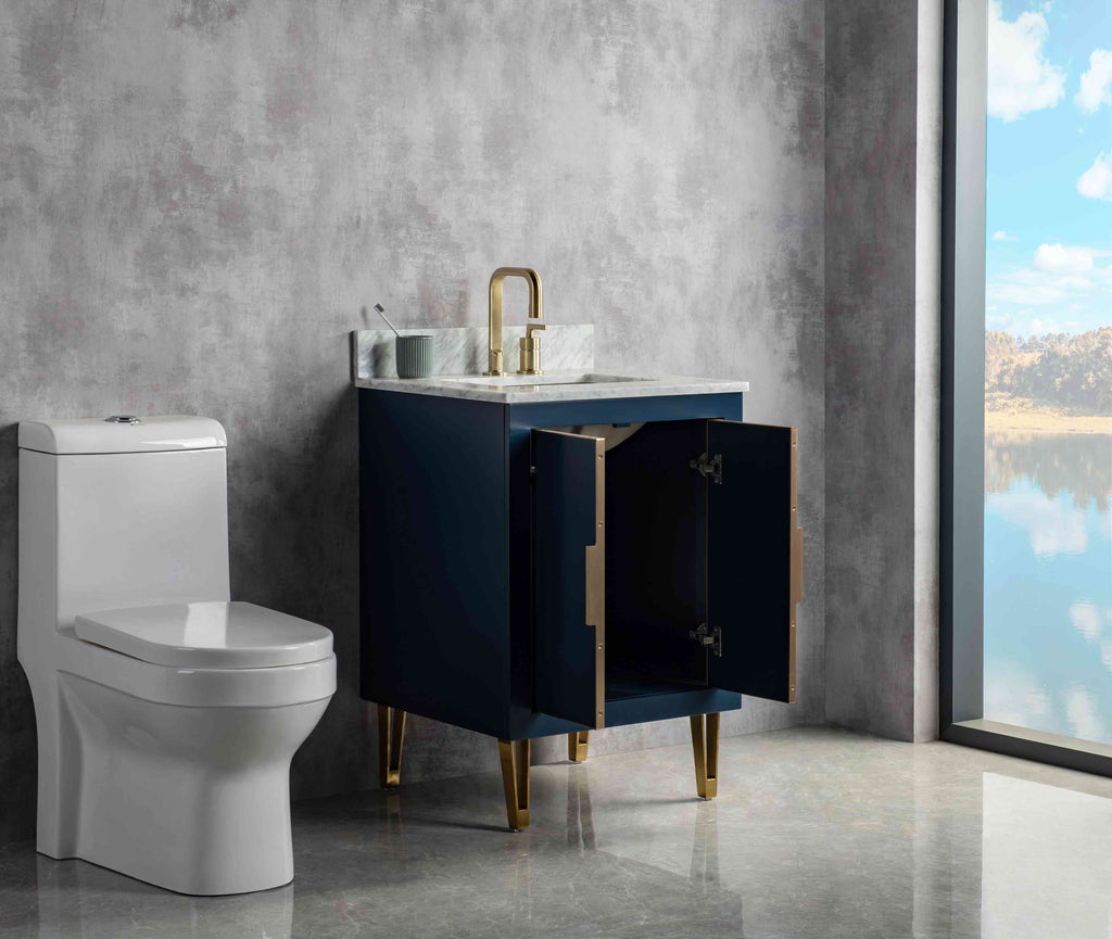 Rubeza 600mm Dukes Vanity Unit with Carrara Marble Top - Dark Blue & Gold