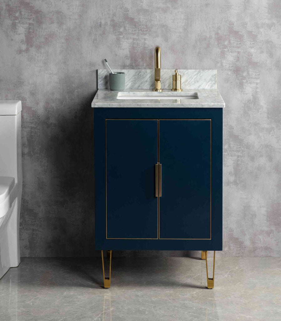 Rubeza 600mm Dukes Vanity Unit with Carrara Marble Top - Dark Blue & Gold