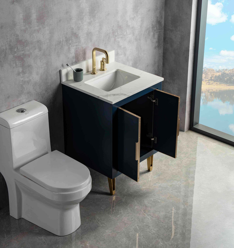 Rubeza 600mm Dukes Vanity Unit with Calacatta Quartz Top - Dark Blue & Gold