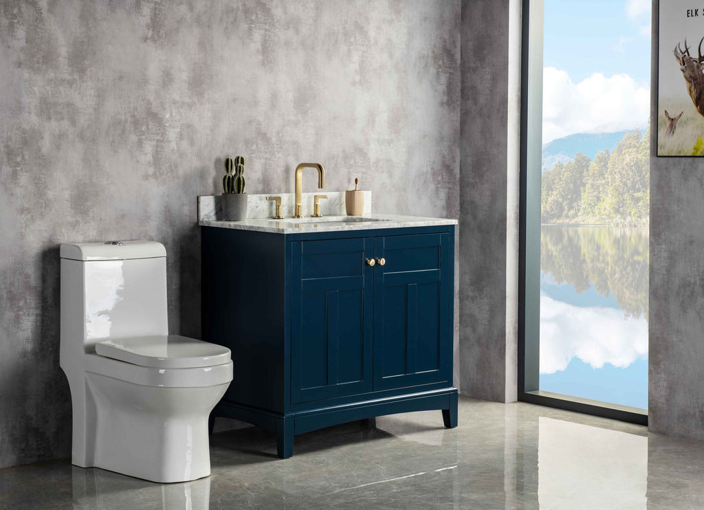 Rubeza 900mm Pergamum Vanity Unit with Carrara Marble Top - Dark Blue & Gold