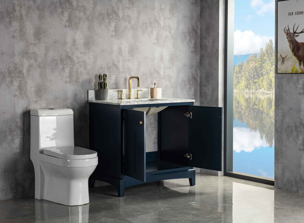 Rubeza 900mm Pergamum Vanity Unit with Carrara Marble Top - Dark Blue & Gold