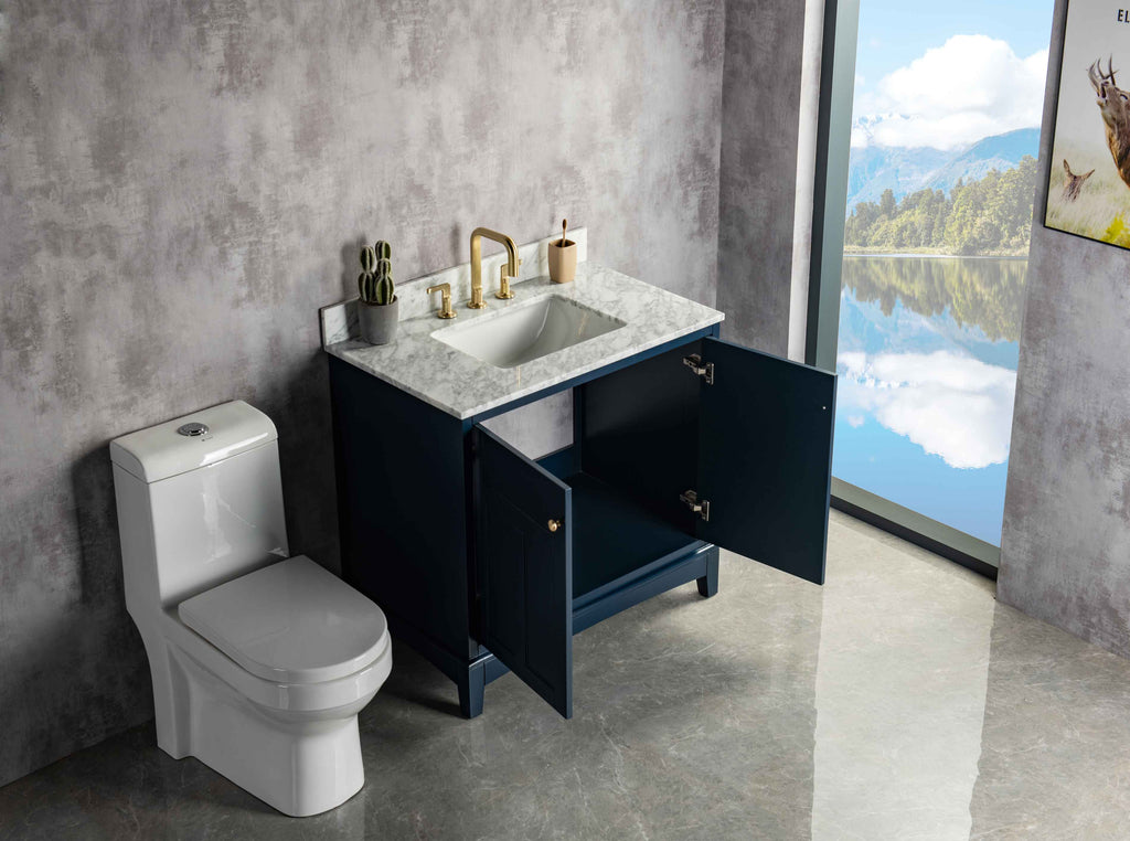 Rubeza 900mm Pergamum Vanity Unit with Carrara Marble Top - Dark Blue & Gold