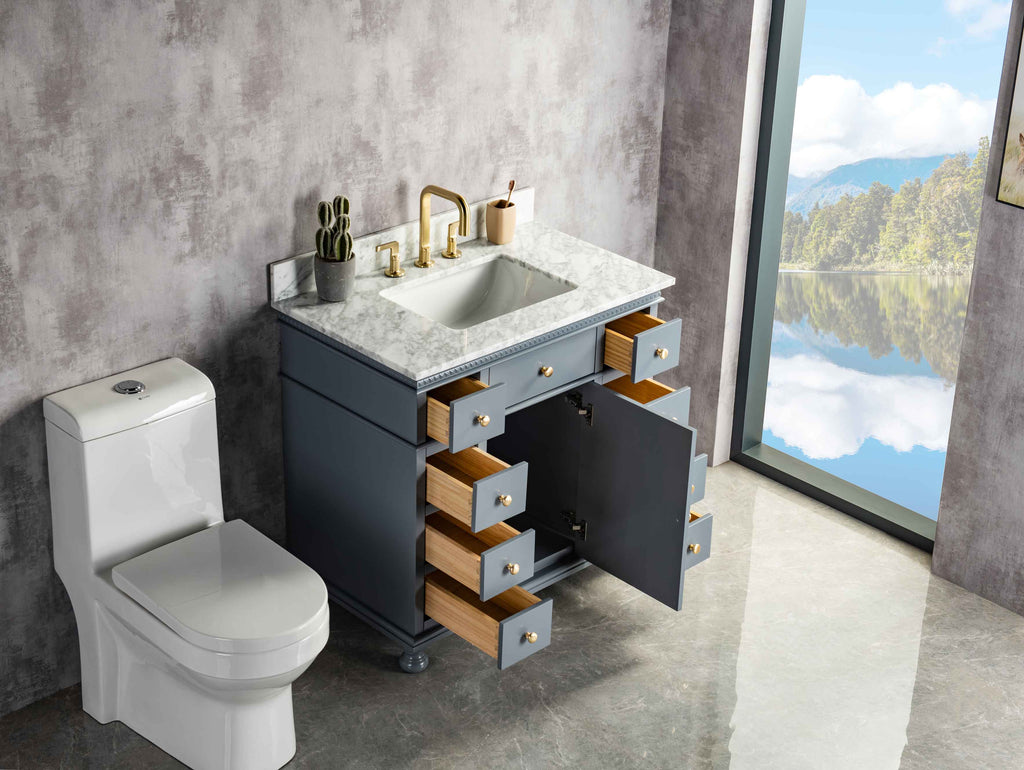 Rubeza 900mm Didim Vanity Unit with Carrara Marble Top - Dark Grey & Gold