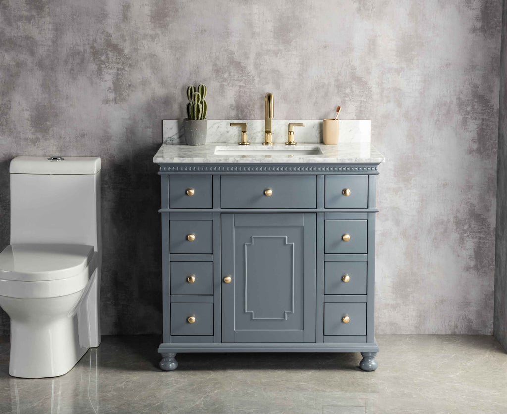 Rubeza 900mm Didim Vanity Unit with Carrara Marble Top - Dark Grey & Gold