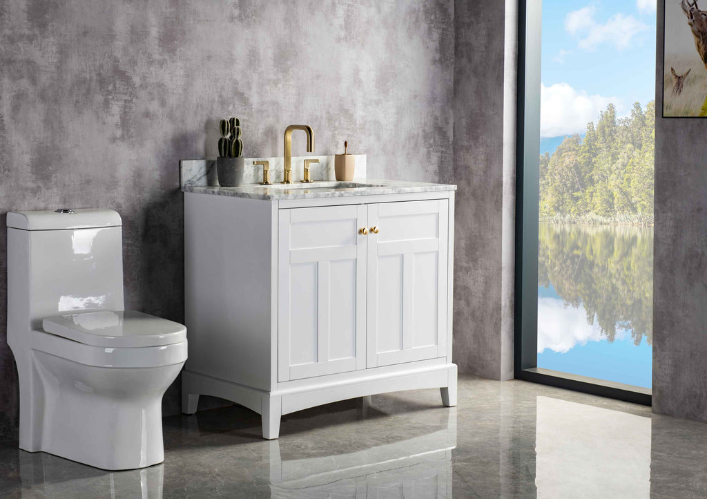Rubeza 900mm Pergamum Vanity Unit with Carrara Marble Top - White & Gold