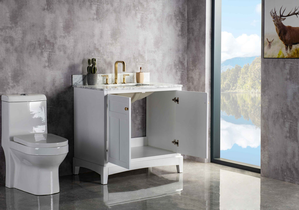 Rubeza 900mm Pergamum Vanity Unit with Carrara Marble Top - White & Gold