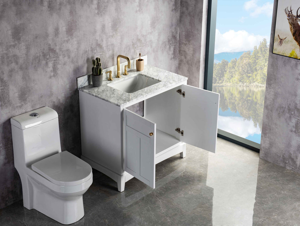 Rubeza 900mm Pergamum Vanity Unit with Carrara Marble Top - White & Gold