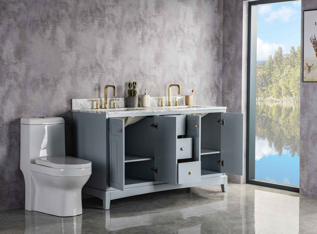 Rubeza 1500mm Pergamum Vanity Unit with Carrara Marble Top - Light Grey & Gold