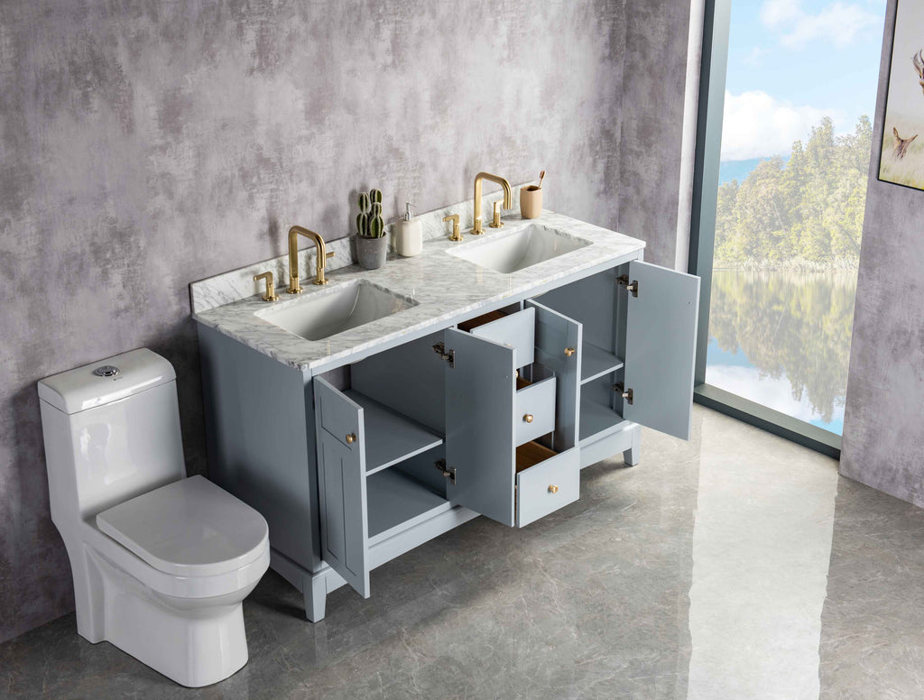 Rubeza 1500mm Pergamum Vanity Unit with Carrara Marble Top - Light Grey & Gold