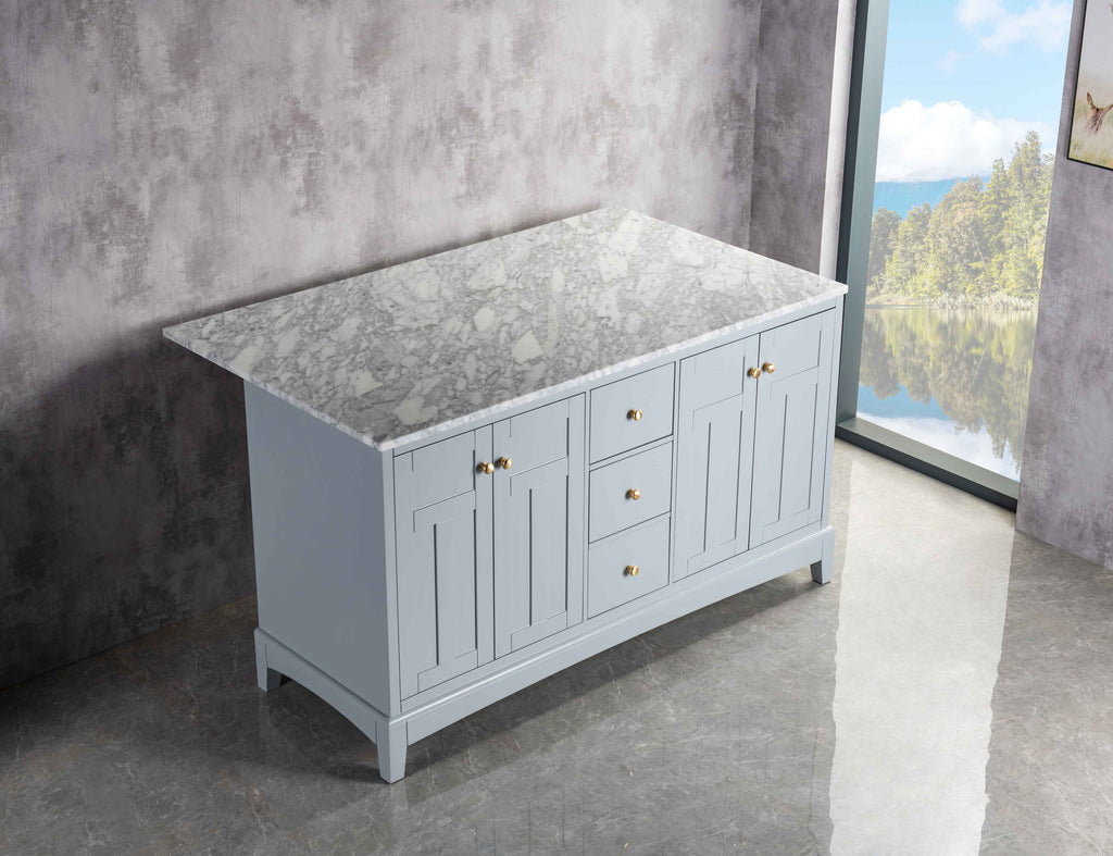 Rubeza 1500mm Pergamum Kitchen Island with Carrara Marble Top - Light Grey & Gold