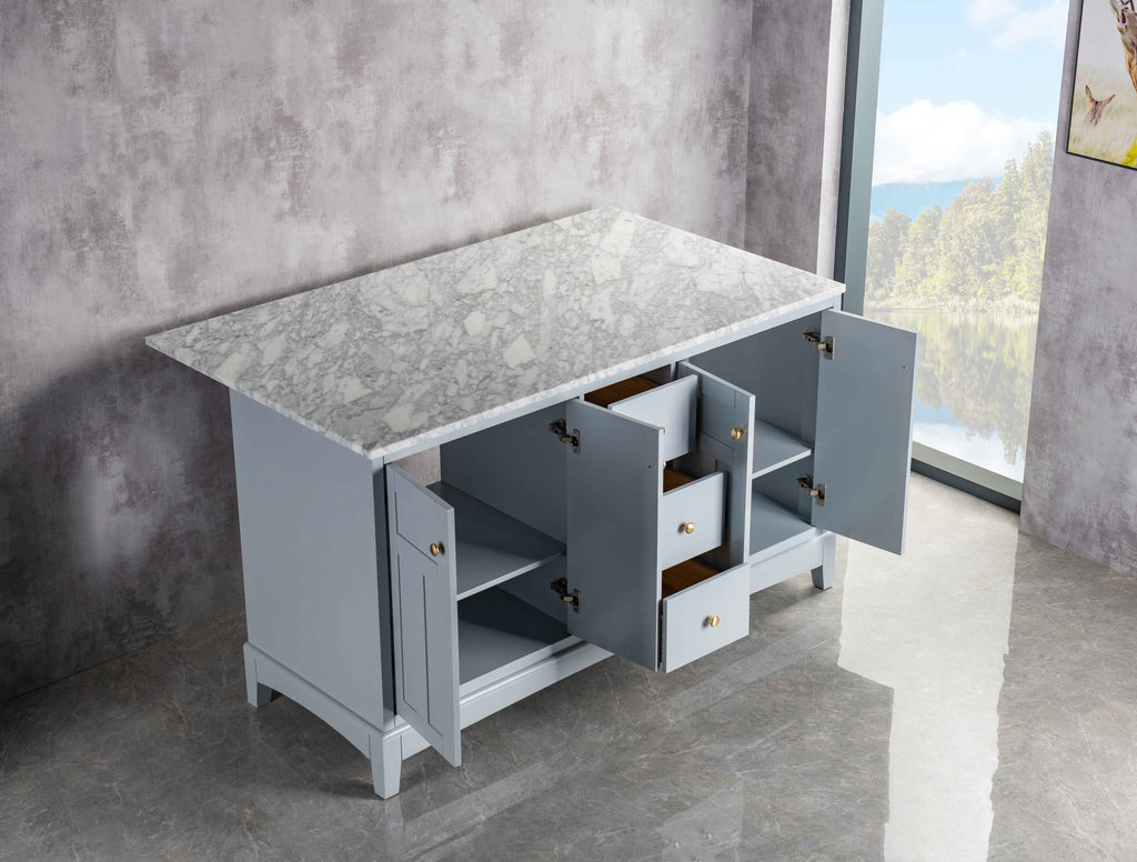 Rubeza 1500mm Pergamum Kitchen Island with Carrara Marble Top - Light Grey & Gold