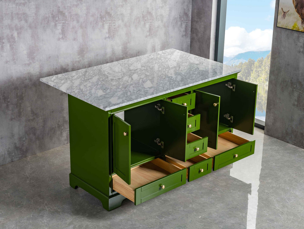 Rubeza Charleston 1500mm Kitchen Island with Carrara Marble Top - Grass Green & Gold