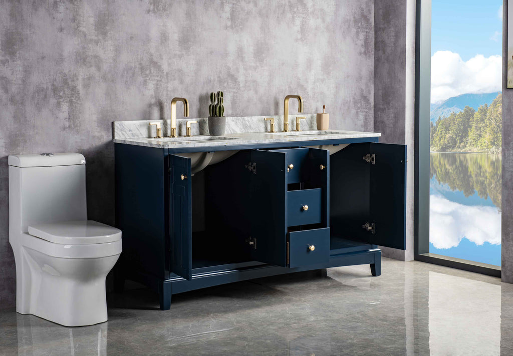 Rubeza 1500mm Pergamum Vanity Unit with Carrara Marble Top - Dark Blue & Gold