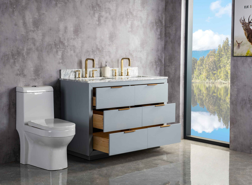 Rubeza 1200mm Keily Vanity Unit with Carrara Marble Top - Light Grey & Gold