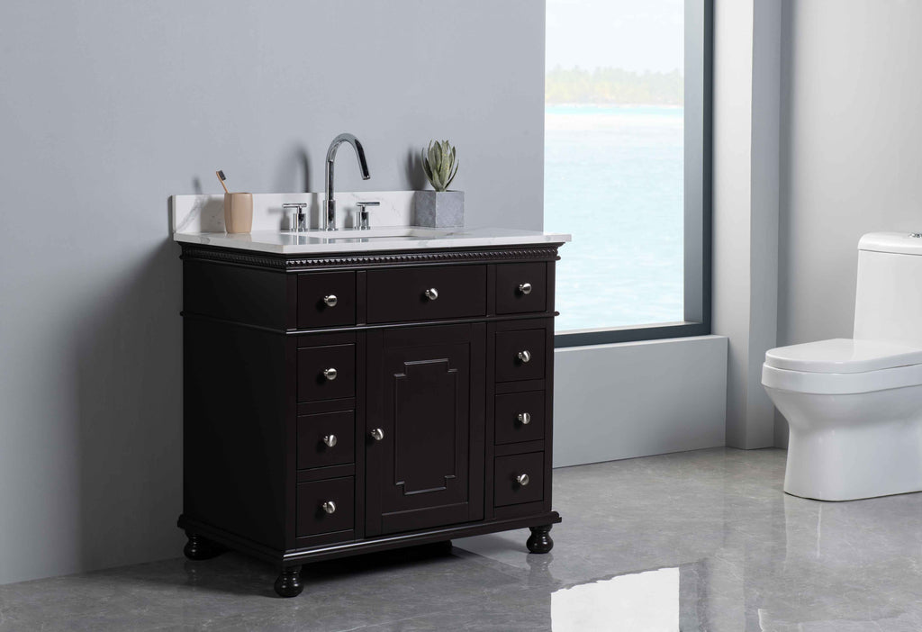 Rubeza 900mm Didim Vanity Unit with Calacatta Quartz Top - Dark Brown & Chrome