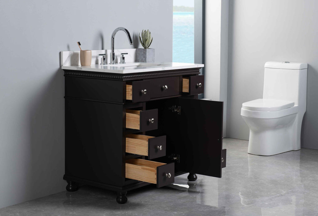 Rubeza 900mm Didim Vanity Unit with Calacatta Quartz Top - Dark Brown & Chrome