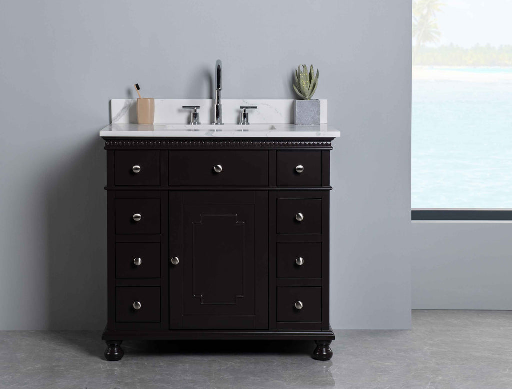 Rubeza 900mm Didim Vanity Unit with Calacatta Quartz Top - Dark Brown & Chrome