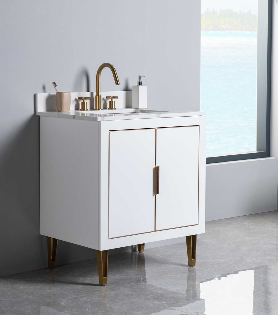 Rubeza 750mm Dukes Vanity Unit with Calacatta Quartz Top - White & Gold