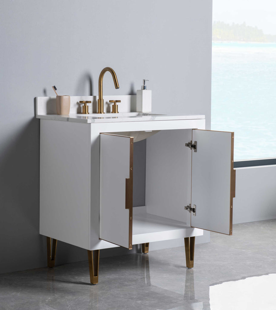 Rubeza 750mm Dukes Vanity Unit with Calacatta Quartz Top - White & Gold