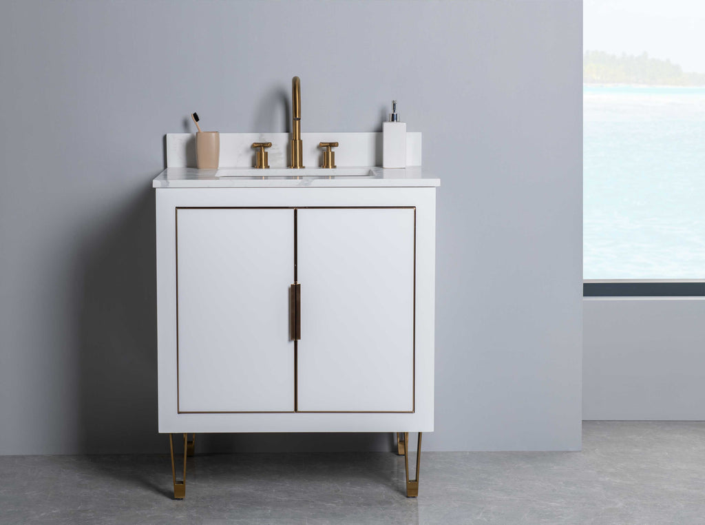 Rubeza 750mm Dukes Vanity Unit with Calacatta Quartz Top - White & Gold