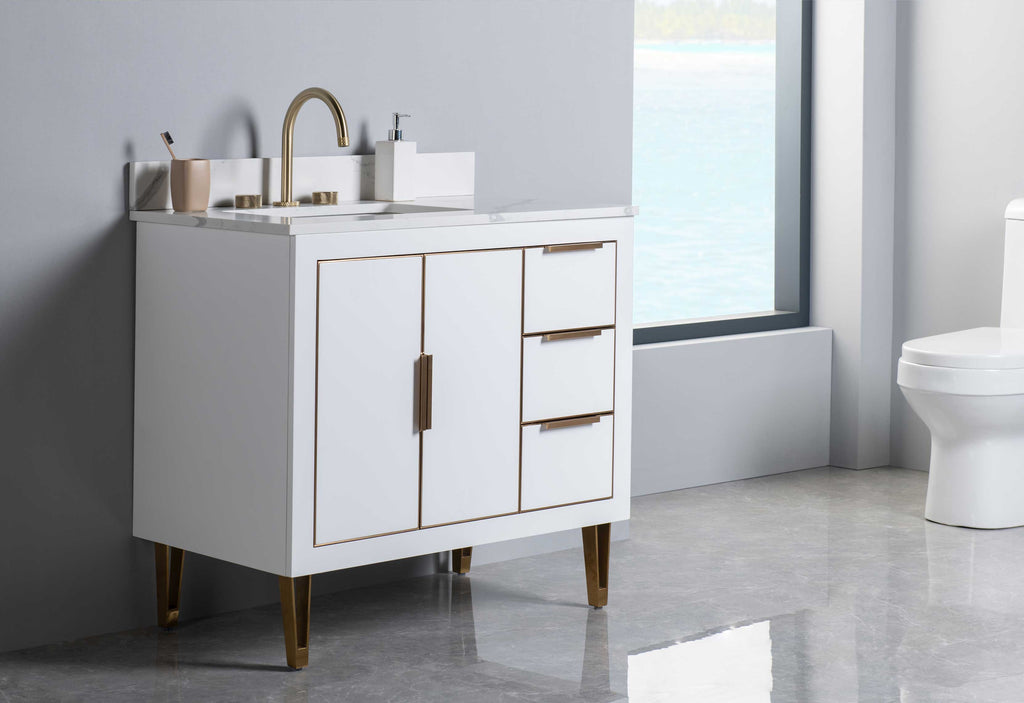 Rubeza 900mm Dukes Vanity Unit with Calacatta Quartz Top - White & Gold