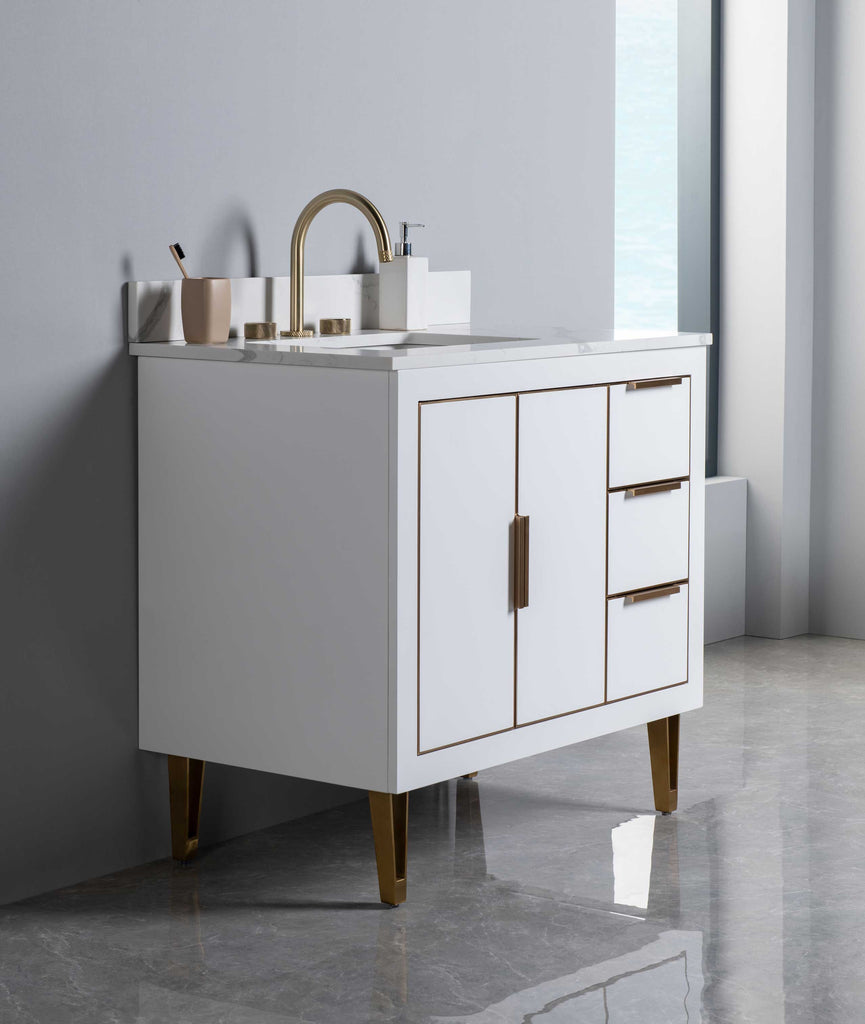 Rubeza 900mm Dukes Vanity Unit with Calacatta Quartz Top - White & Gold