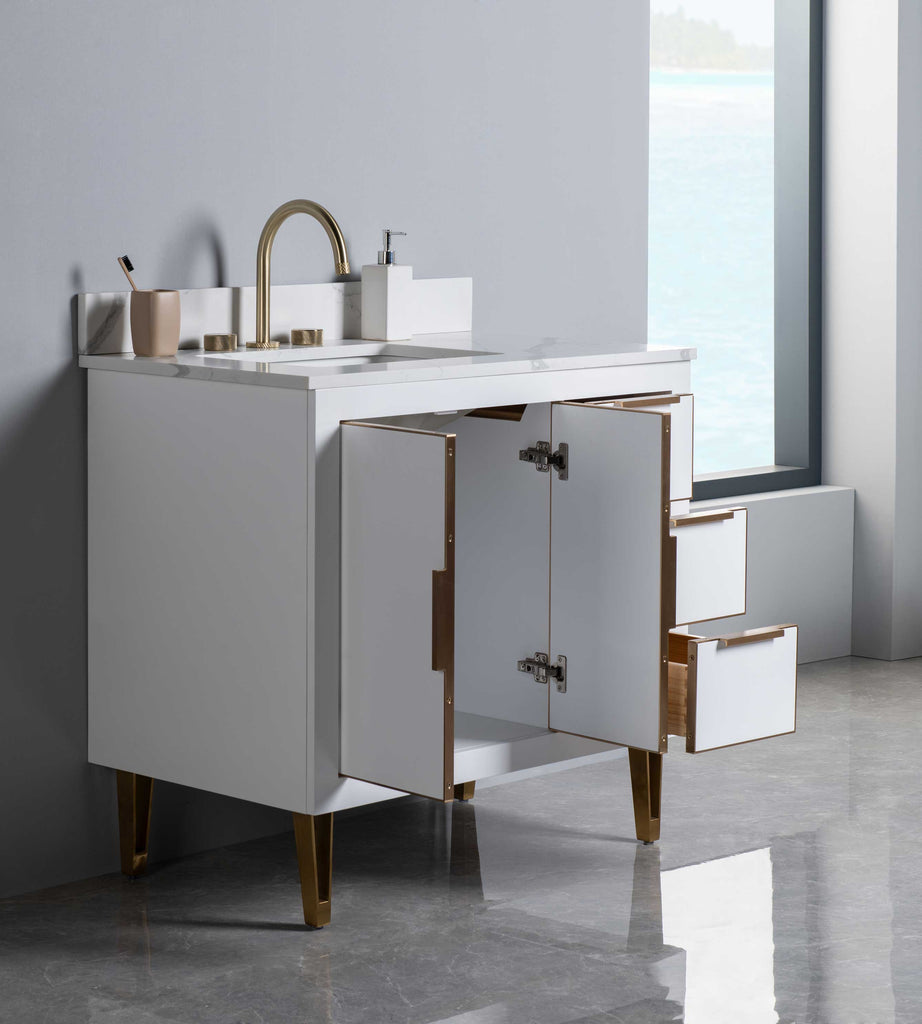 Rubeza 900mm Dukes Vanity Unit with Calacatta Quartz Top - White & Gold