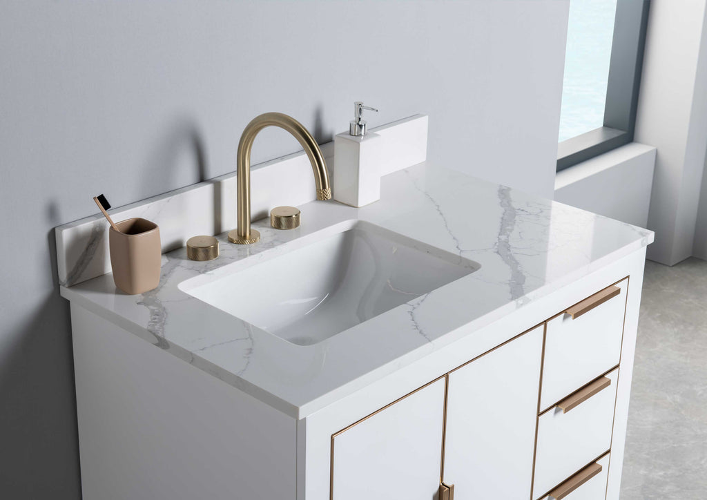 Rubeza 900mm Dukes Vanity Unit with Calacatta Quartz Top - White & Gold