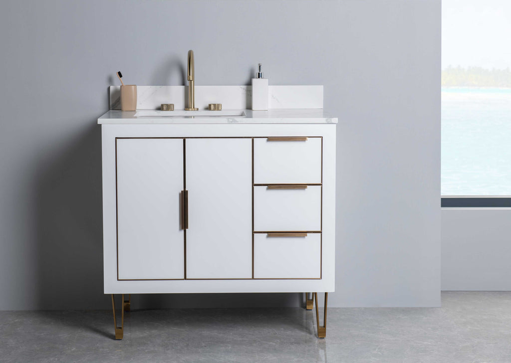 Rubeza 900mm Dukes Vanity Unit with Calacatta Quartz Top - White & Gold