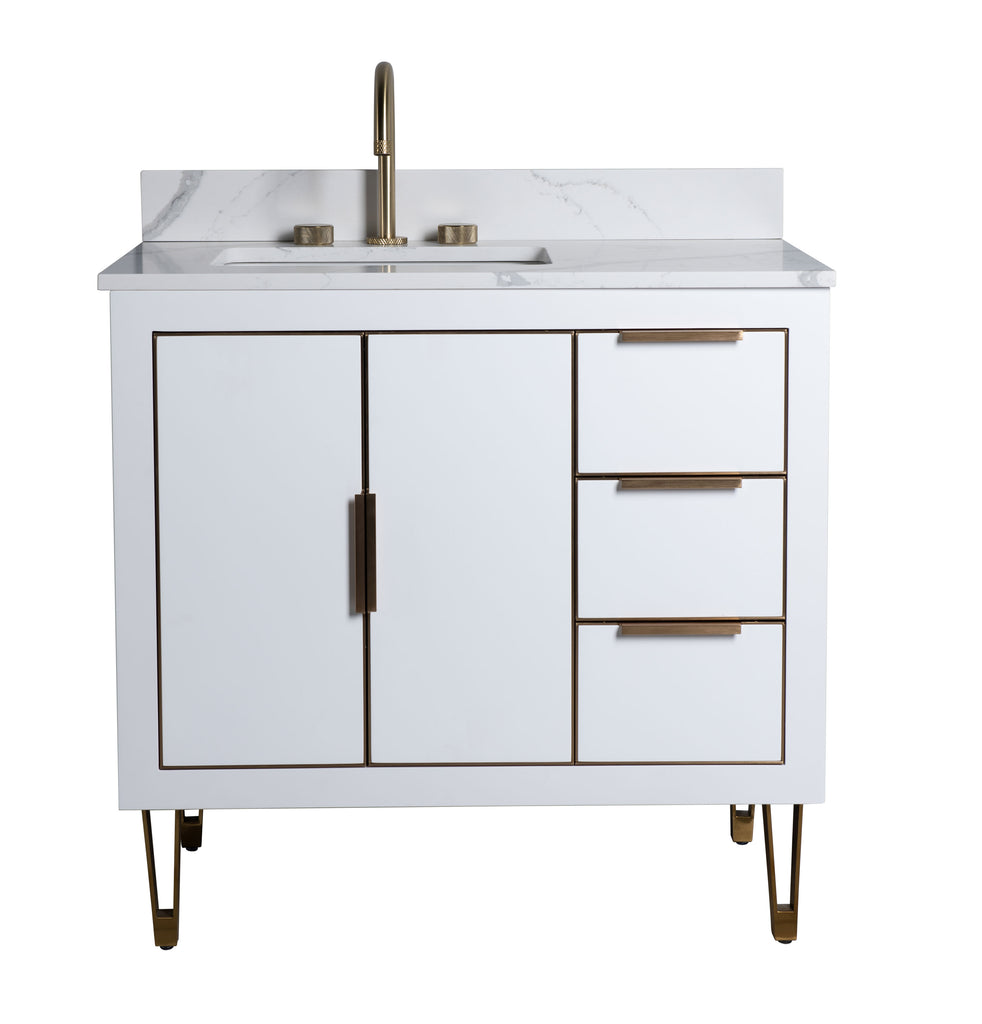 Rubeza 900mm Dukes Vanity Unit with Calacatta Quartz Top - White & Gold